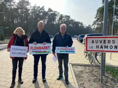 Bewerben den Start der Sandkruger Ausflugs- und Flohm&auml;rkte nach der langen Pandemie-Pause: (von links) Marina Franz, Guido Heinisch und Manfred Speer.
