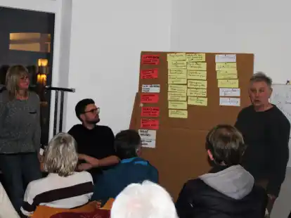 Vorschl&auml;ge sortieren: Die Teilnehmer der Veranstaltung haben ihre Ideen auf einer gro&szlig;en Pinnwand geordnet.