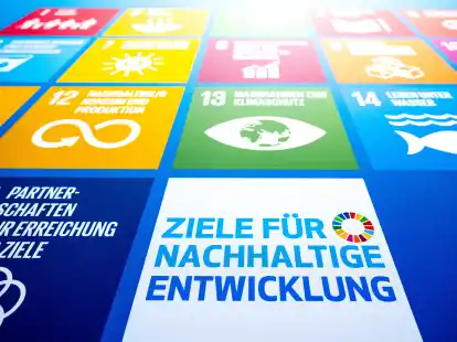 Die Ziele der deutschen Nachhaltigkeitsstrategie stehen auf einem Plakat bei der Regionalkonferenz der bundesweiten Dialogreihe in Bremen.