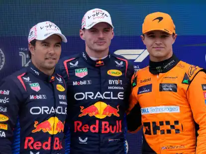 Red-Bull-Pilot Max Verstappen (M) gewann das Qualifying in Suzuka vor seinem Teamkollegen Sergio Per&eacute;z (l) und McLaren-Pilot Lando Norris.