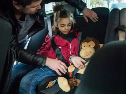 So f&auml;hrt das Kind sicher im&nbsp;Auto mit - selbst das Kuscheltier ist angeschnallt.