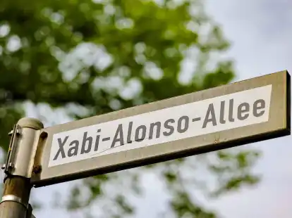 Rund um das Stadion in Leverkusen haben Fans Stra&szlig;enschilder &uuml;berklebt, die Stra&szlig;en hei&szlig;en nun Xabi-Alonso-Allee.