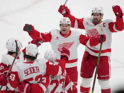 Moritz Seider (53) von den Detroit Red Wings feiert mit seinen Teamkollegen nach seinem Tor.