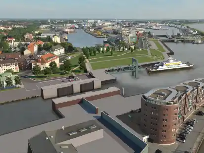 Visualisierter Blick auf die Einfahrt zum Geestevorhafen. Hier soll nach den Planungen von Bremenports das neue Geestesperrwerk entstehen. Nächste Woche wird die Öffentlichkeit über weitere Einzelheiten informiert.
