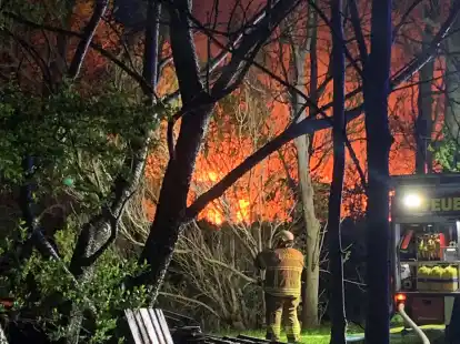 Feuerwehrkr&auml;fte beim n&auml;chtlichen Einsatz in Oldorf, im Hintergrund das lichterloh brennende Wohnhaus.