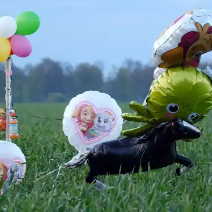 Ballons und Süßigkeiten stehen auf einem Feld bei Bremervörde. Von einem vermissten sechs Jahre alten Jungen aus dem niedersächsischen Bremervörde fehlt noch immer jede Spur.