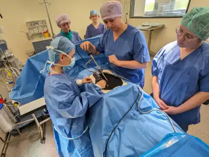 Operation am Dummy: Im  Hintergrund die Leiterin des OP-Bereichs, Susanne Stier, Zukunftskind Lennox Liebe und OP-Schwester Olga Müller