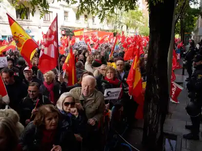 Gegen einen möglichen Rücktritt: Anhänger des spanischen Ministerpräsidenten Pedro Sánchez versammeln sich während einer Demonstration vor der Parteizentrale der PSOE.