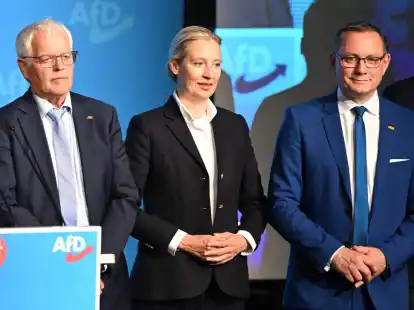 Die AfD-Parteispitze bestehend aus Alice Weidel und Tino Chrupalla beim Wahlkampfauftakt zur Eurowahl zusammen mit dem AfD-Landesvorsitzenden Emil Sänze (l) in Donaueschingen. Der eigentliche Spitzenkandidat der Partei war nicht anwesend.