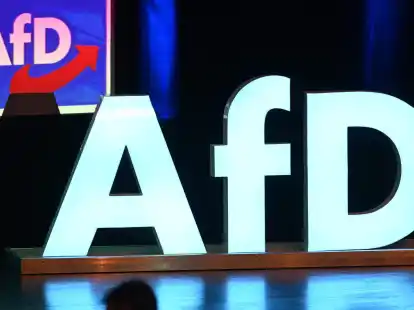 Das Logo der Partei AfD bei einer Wahlkampfkundgebung für die Europawahl.