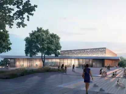 So stellt sich das Planungsb&uuml;ro den Stadthallen-Neubau an der Jadeallee zwischen Deichbr&uuml;cke und Pumpwerk vor.