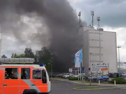 Rauch verhüllt ein Gebäude in Berlin-Lichtenfelde. Bei einem Großbrand in einer Firma für Metalltechnik hat sich am Freitag eine riesige Rauchwolke über dem Westen der Stadt gebildet.