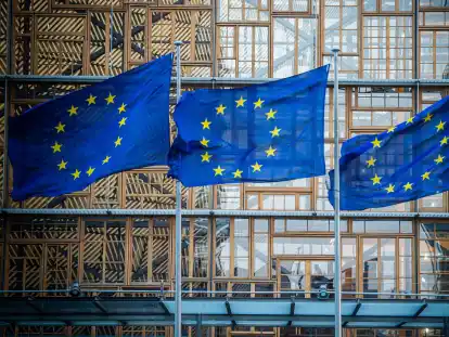 Flaggen der Europäischen Union wehen im Wind vor dem Europa-Gebäude.