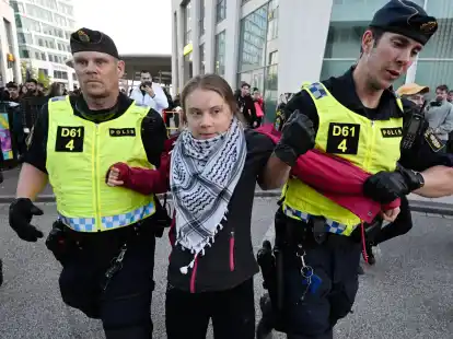 Polizisten führten Klimaaktivistin Greta Thunberg vom Platz vor der Arena ab.
