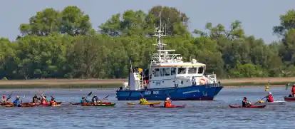 Die Wasserschutzpolizei und andere Organisationen sicherten mit Begleitbooten die Paddler und Ruderer ab. Bild: Thomas Molitor