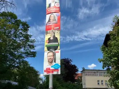 Plakate ganz oben an der Laterne: Banner der AfD haben in Jena Seltenheit.