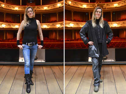 Ohne und mit Kostüm: Silke Saathoff ist als Statistin auf und hinter der Bühne im Oldenburgischen Staatstheater tätig.