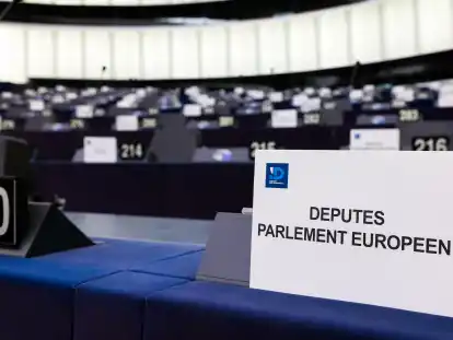 Eine Karte mit der Aufschrift «Députés Parlement Européen» («Abgeordnete des europäschen Parlaments») der Fraktion ID (Identity and Democracy) steht im Vorfeld einer Plenarsitzung auf dem Tisch eines Abgeordneten.