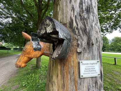 Kopflos: Der Skulptur Rasteder Zugpferde am Rande des Turnierplatzes fehlt ein Kopf.