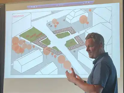 So k&ouml;nnte der Platz vor der Ostfriesischen Landschaft einmal aussehen: F&uuml;r die Auricher Verwaltung stellte Till de Buhr die Pl&auml;ne im Ortsrat f&uuml;r die Kernstadt Aurich vor. Rechts oben ist das Pingelhus zu sehen.
