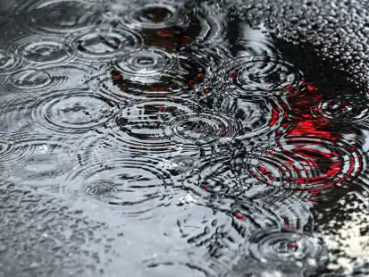 Die Lichter einer Ampel spiegeln sich bei Regenwetter in einer Pf&uuml;tze. Auch f&uuml;r Donnerstag und Freitag hat der Wetterdienst vor Starkregen und Gewitter gewarnt. Schon gestern standen Stra&szlig;en in der ostfriesischen Stadt Norden unter Wasser. (Symbolbild)