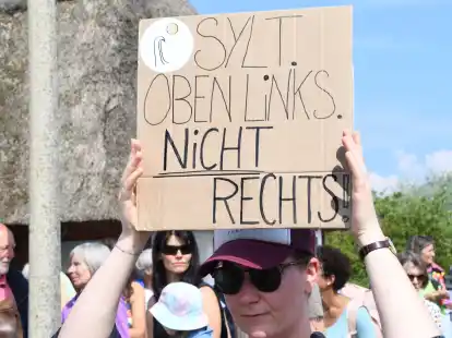 &bdquo;Sylt oben links nicht rechts&ldquo;, steht auf einem Plakat, das eine Frau bei einer Mahnwache am Sonntag auf Sylt in der Hand h&auml;lt. In Niedersachsen sind dem LKA 28 F&auml;lle von Umdichtungen bekannt.