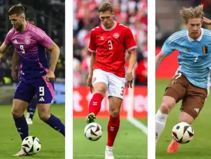 Spielen bei der EM: (von links) Niclas F&uuml;llkrug, Jannik Vestergaard und Kevin de Bruyne