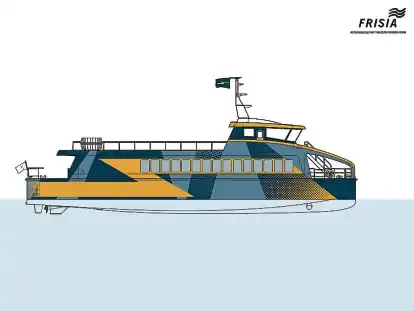 So soll der erste E-Katamaran der Reederei aussehen. Derzeit wird das Schiff in einer Werft bei Rotterdam fertiggestellt, ab Herbst soll es dann zwischen Norddeich und Norderney pendeln.