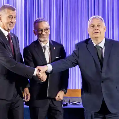 Andrej Babis (l-r), Herbert Kickl und Viktor Orban in Wien.