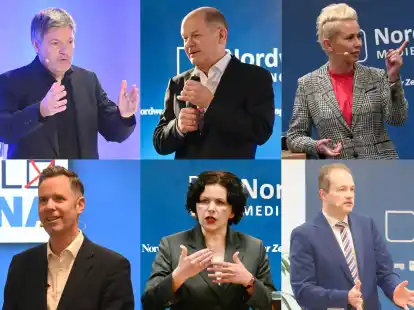 Diese Spitzenpolitiker standen unseren Leserinnen und Lesern Rede und Antwort (von links nach rechts; von oben nach unten): Vizekanzler und Bundeswirtschaftsminister Robert Habeck (Grüne), Kanzler Olaf Scholz (SPD), CDU-Vize-Vorsitzende Silvia Breher, FDP-Fraktionschef Christian Dürr, BSW-Co-Chefin Amira Mohamed Ali, AfD-Bundestagsabgeordneter Martin Sichert, Linken-Co-Spitzenkandidatin Heidi Reichinnek.