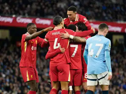 Spieler des FC Liverpool jubeln &uuml;ber das Tor zum 0:1.