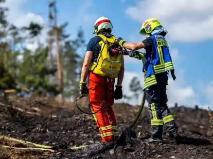 Mit Löschrucksäcken gehen die Feuerwehrleute etwa gegen Glutnester vor.