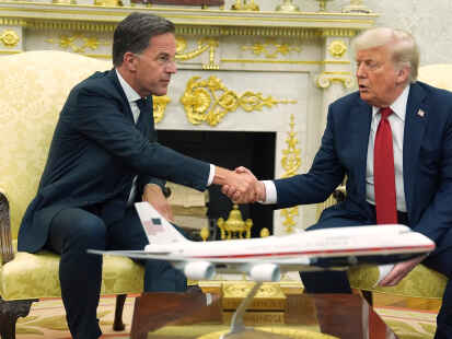 US-Präsident Donald Trump schüttelt die Hand von NATO-Generalsekretär Mark Rutte während eines Treffens im Oval Office des Weißen Hauses. Thema: Strafzölle gegen die Handelspartner von Russland.