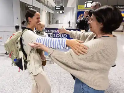 Menschen fielen ihren Lieben am Frankfurter Flughafen in die Arme. (Boris Roessler/dpa)